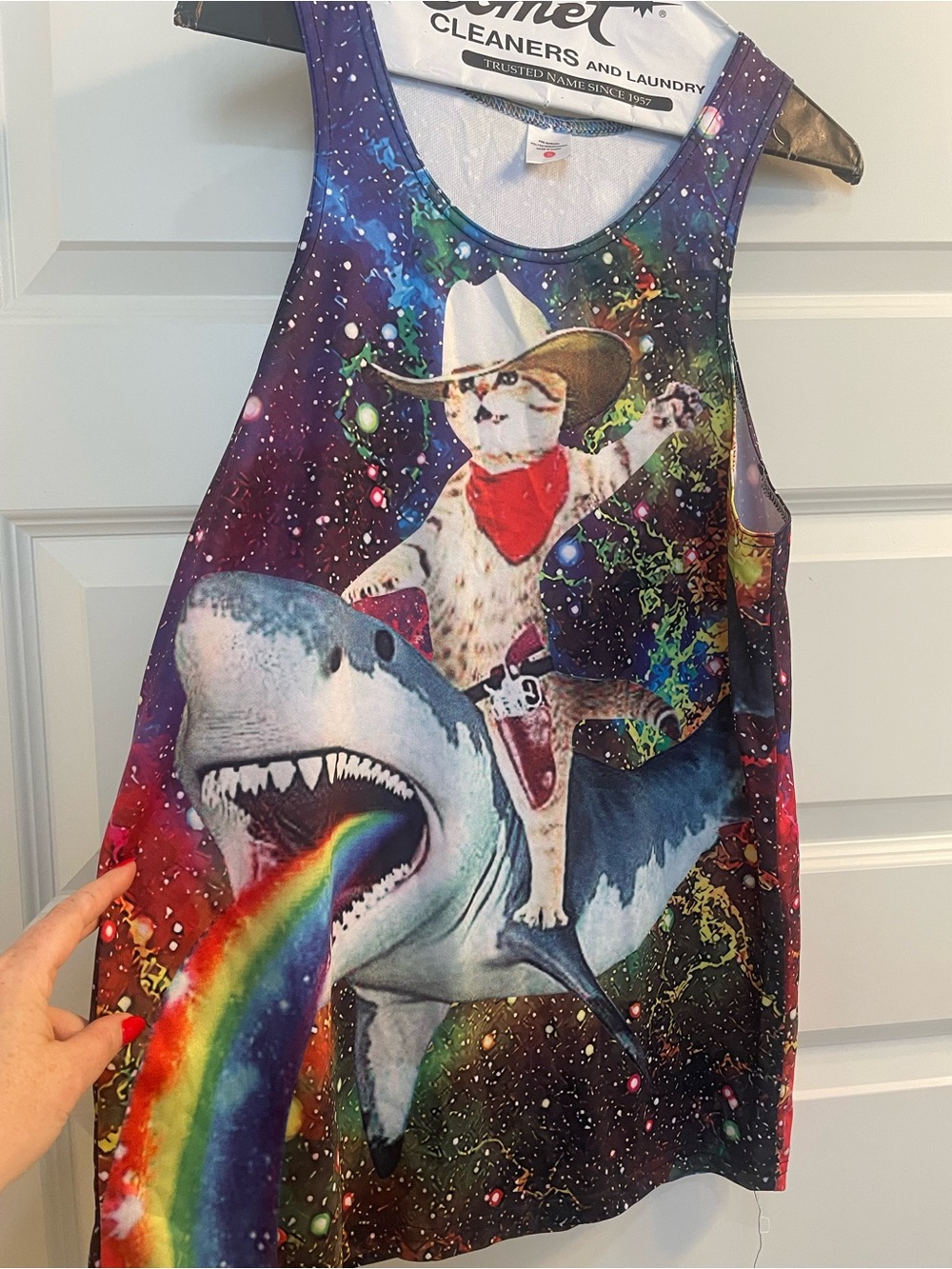 Men’s Tank Top - Cowboy cat riding a rainbow shark in space, S